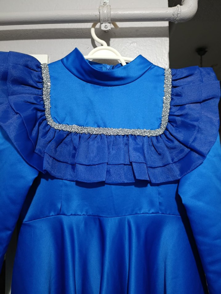 Uzun Kollu Mavi Fırfırlı Vintage Kadın Elbise - Görsel 3