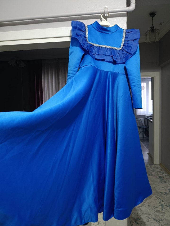 Uzun Kollu Mavi Fırfırlı Vintage Kadın Elbise - Görsel 4