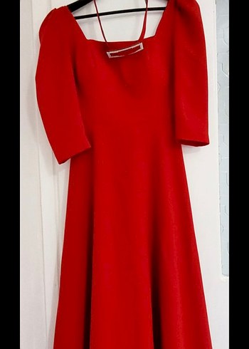 Kırmızı V Yaka Midi Elbise - Görsel 3