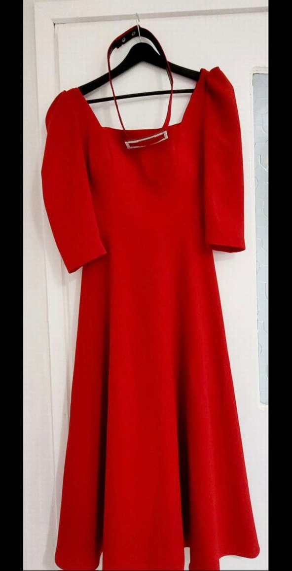 Kırmızı V Yaka Midi Elbise - Görsel 3