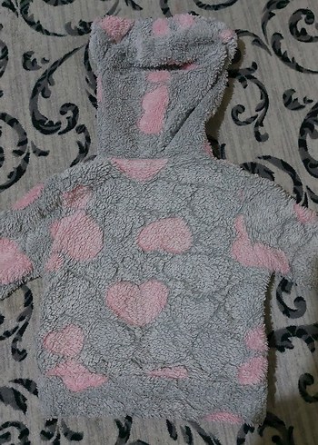 Kapüşonlu Gri Pembe Peluş Kız Ceketi - Görsel 3