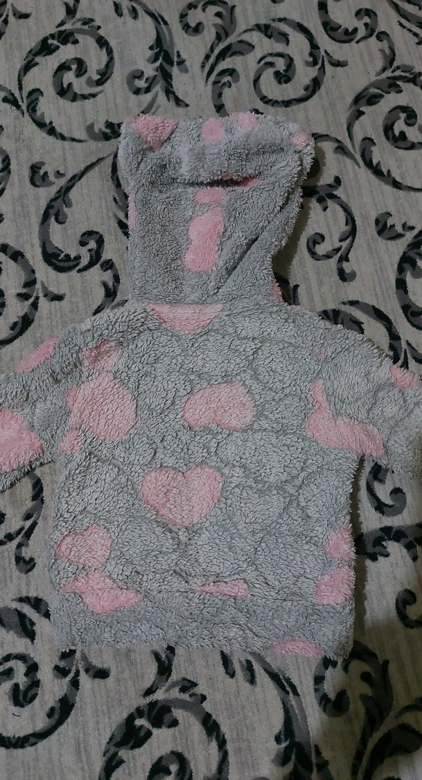 Kapüşonlu Gri Pembe Peluş Kız Ceketi - Görsel 3