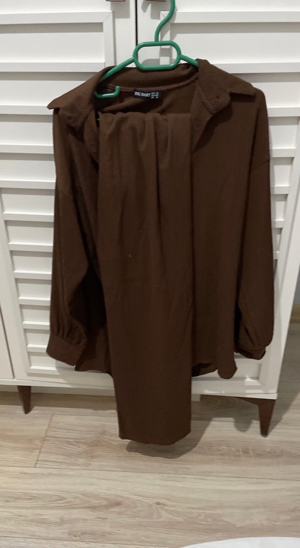 Kahverengi Uzun Kollu Keten Gömlek takım - Görsel 2