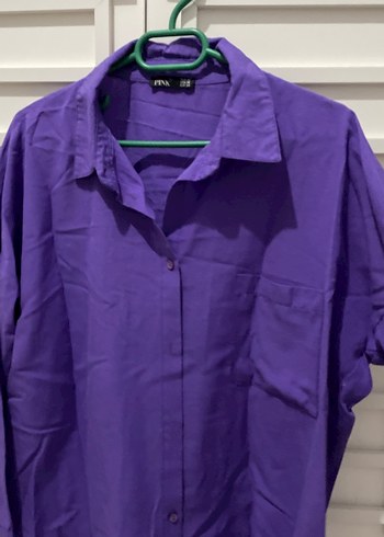 Mor Düğmeli Uzun Kollu Keten Kadın Gömlek - Görsel 2