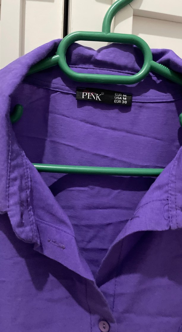 Mor Düğmeli Uzun Kollu Keten Kadın Gömlek - Görsel 3