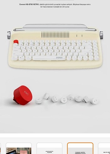 Beyaz Retro Stil Daktilo Klavye Kablosuz Bluetooth - Görsel 7