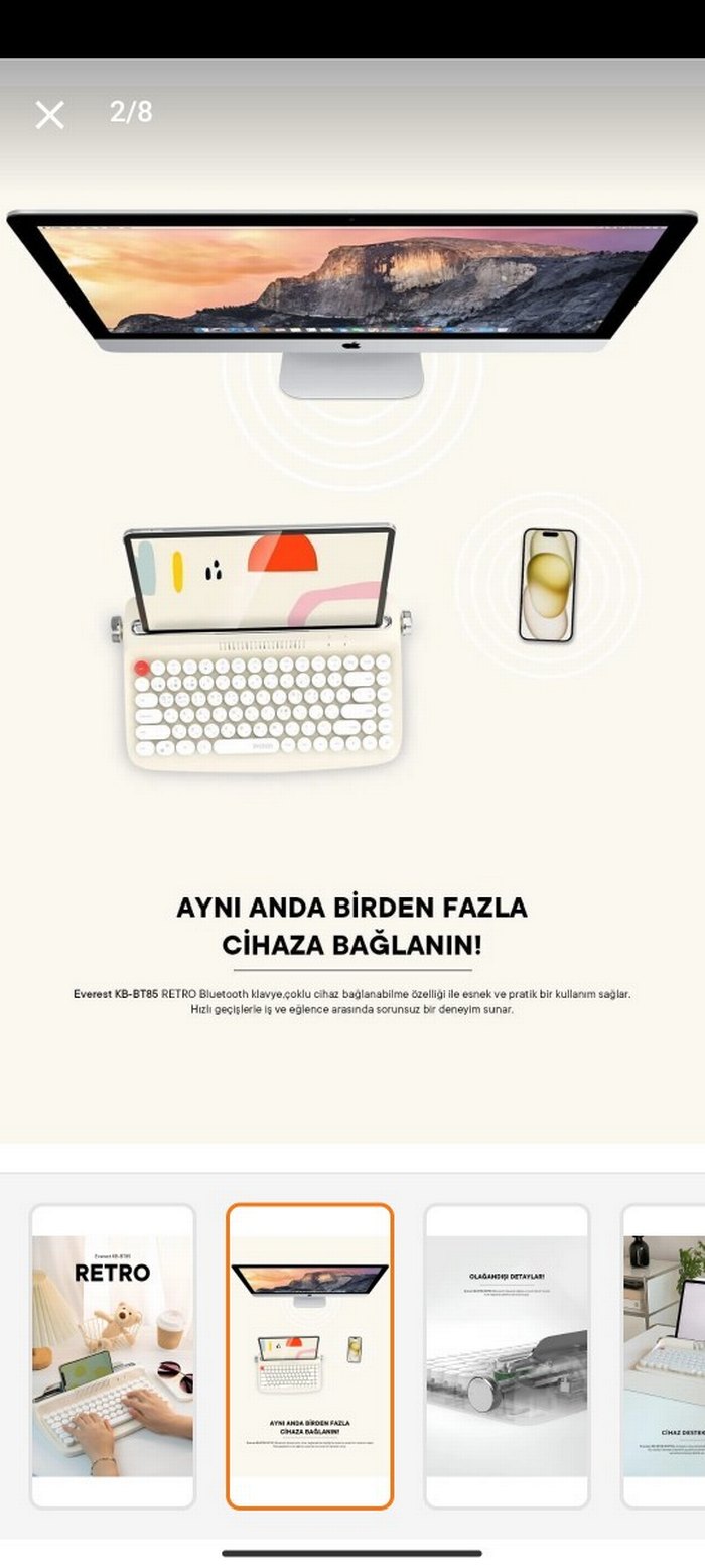 Beyaz Retro Stil Daktilo Klavye Kablosuz Bluetooth - Görsel 3