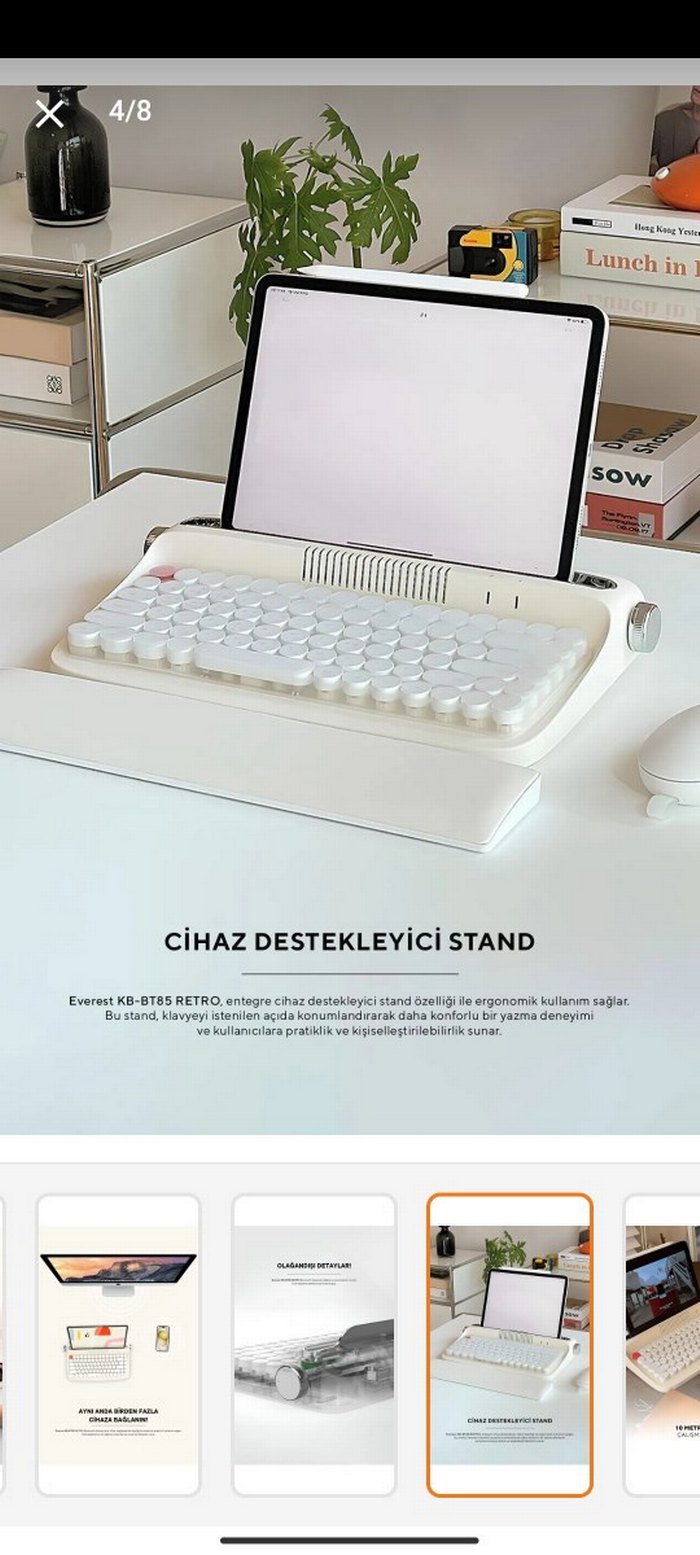 Beyaz Retro Stil Daktilo Klavye Kablosuz Bluetooth - Görsel 2