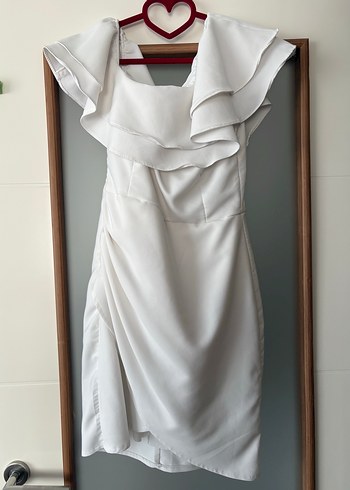 Beyaz Drapeli Straplez Midi Kokteyl Elbisesi - Görsel 3