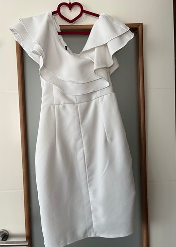 Beyaz Drapeli Straplez Midi Kokteyl Elbisesi - Görsel 4