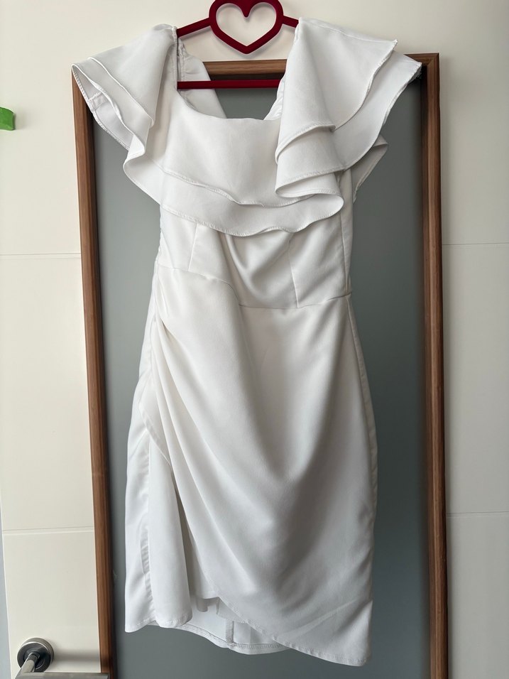 Beyaz Drapeli Straplez Midi Kokteyl Elbisesi - Görsel 3