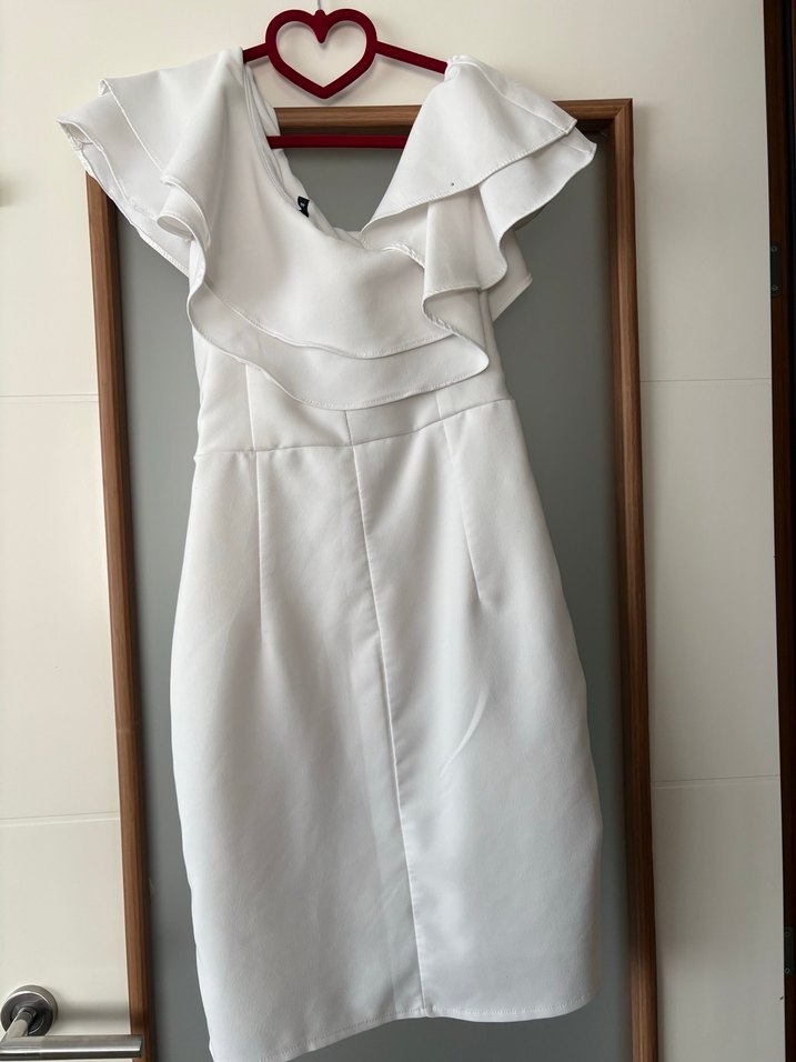 Beyaz Drapeli Straplez Midi Kokteyl Elbisesi - Görsel 4