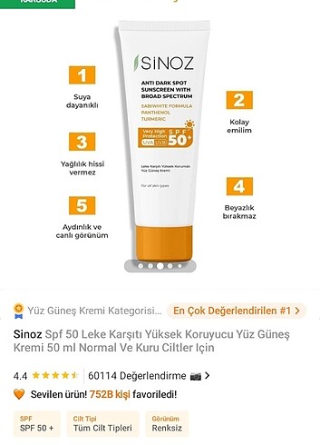  Beden Sinoz yüz güneş kremi 50 spf