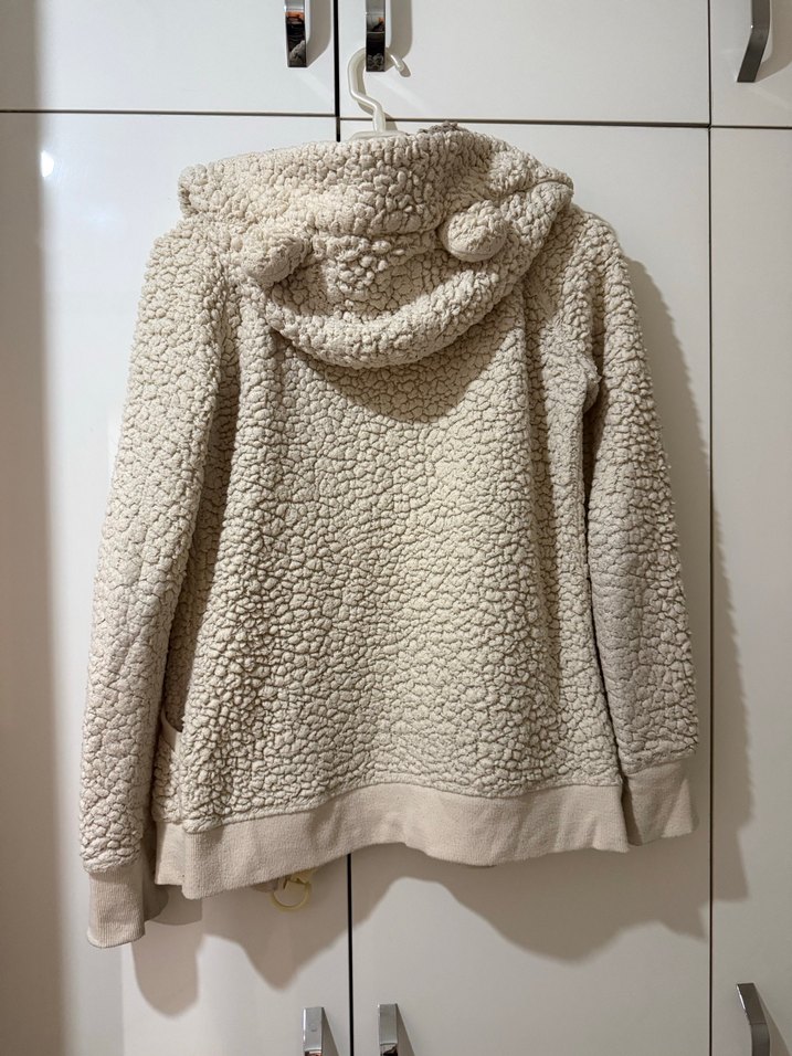 Bej Kapüşonlu Kadın Peluş Ceket - Görsel 2
