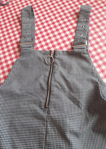 Gri Kareli Kemerli Askılı Mini Elbise - Görsel 6