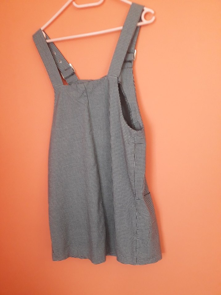 Gri Kareli Kemerli Askılı Mini Elbise - Görsel 3