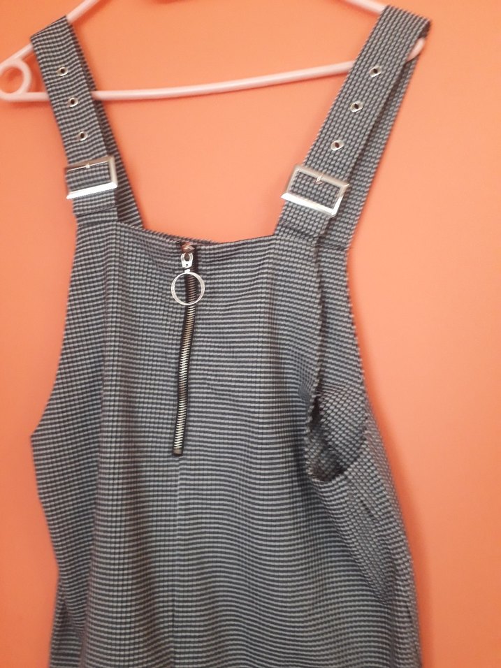 Gri Kareli Kemerli Askılı Mini Elbise - Görsel 2