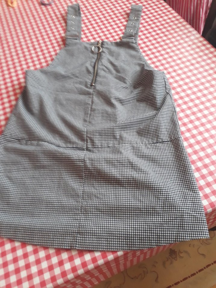 Gri Kareli Kemerli Askılı Mini Elbise - Görsel 4