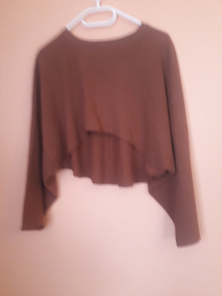 Kadın Kahverengi Uzun Kollu Salaş Crop Top - Görsel 3