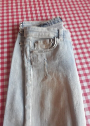 Kadın Gri Mavi Yırtık Bol Kesim Midi Kot Pantolon - Görsel 9