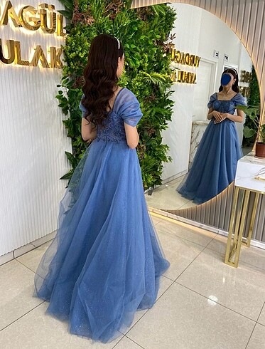 Abiye Mavi simli tüllü nişan elbisesi prenses model