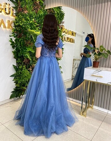 36 Beden Mavi simli tüllü nişan elbisesi prenses model