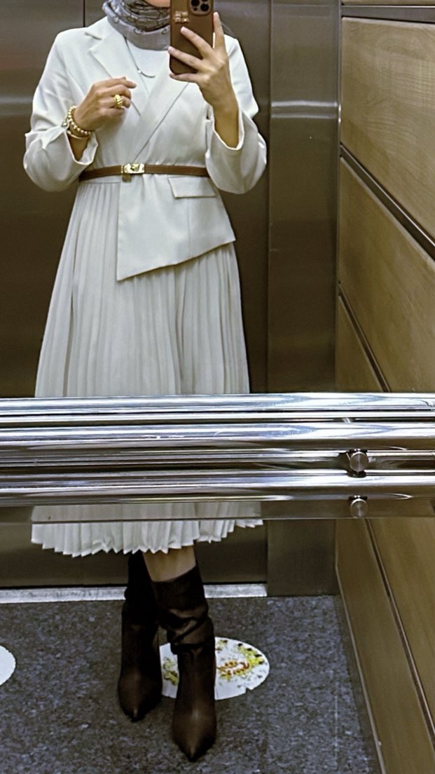 Ekru midi elbise - Görsel 3