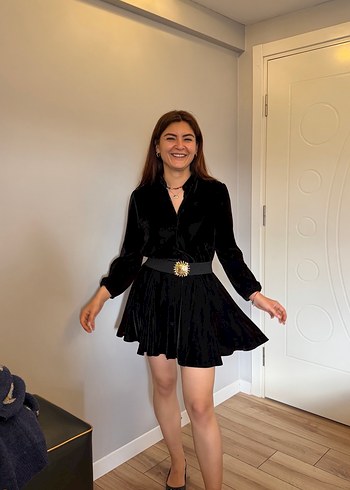 Siyah Süet Kemerli Uzun Kollu Midi Elbise - Görsel 2