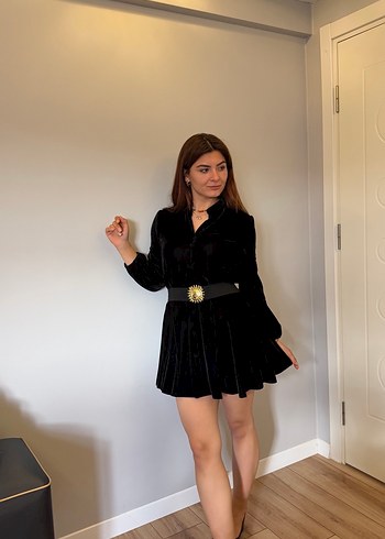 Siyah Süet Kemerli Uzun Kollu Midi Elbise - Görsel 6