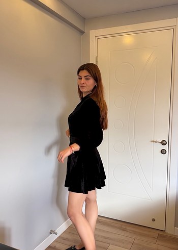 Siyah Süet Kemerli Uzun Kollu Midi Elbise - Görsel 5