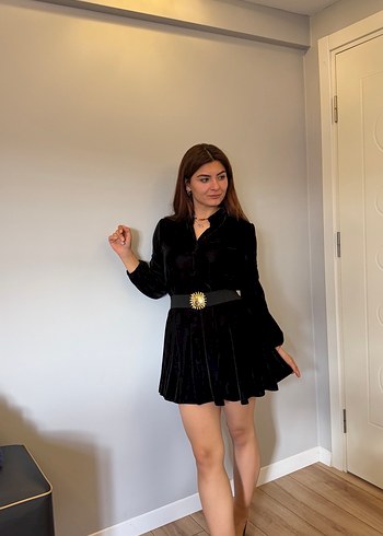 Siyah Süet Kemerli Uzun Kollu Midi Elbise - Görsel 4