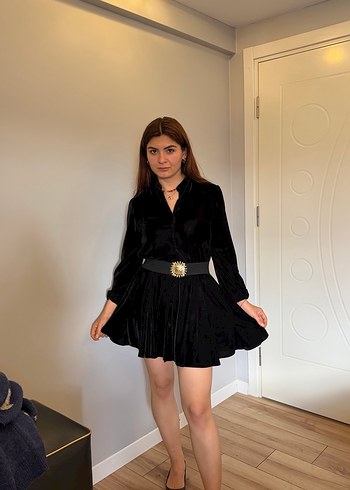 Siyah Süet Kemerli Uzun Kollu Midi Elbise - Görsel 3