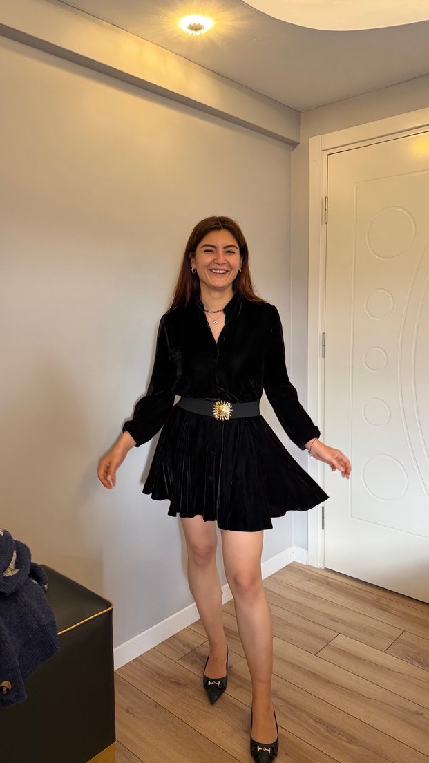 Siyah Süet Kemerli Uzun Kollu Midi Elbise - Görsel 2