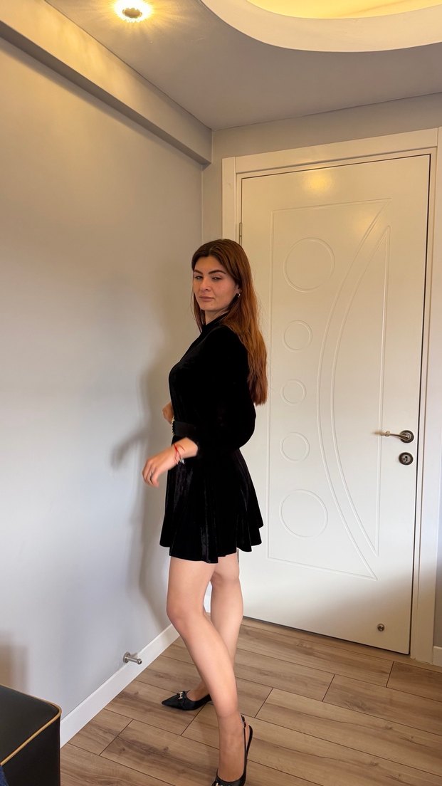 Siyah Süet Kemerli Uzun Kollu Midi Elbise - Görsel 5