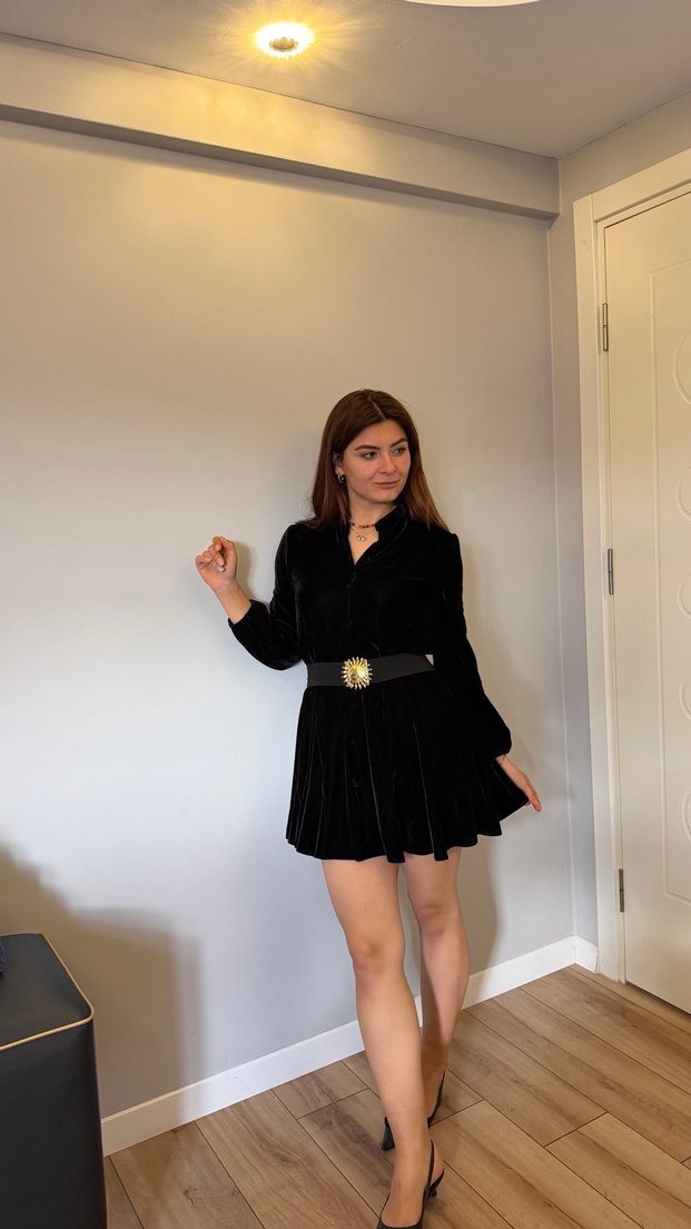 Siyah Süet Kemerli Uzun Kollu Midi Elbise - Görsel 4