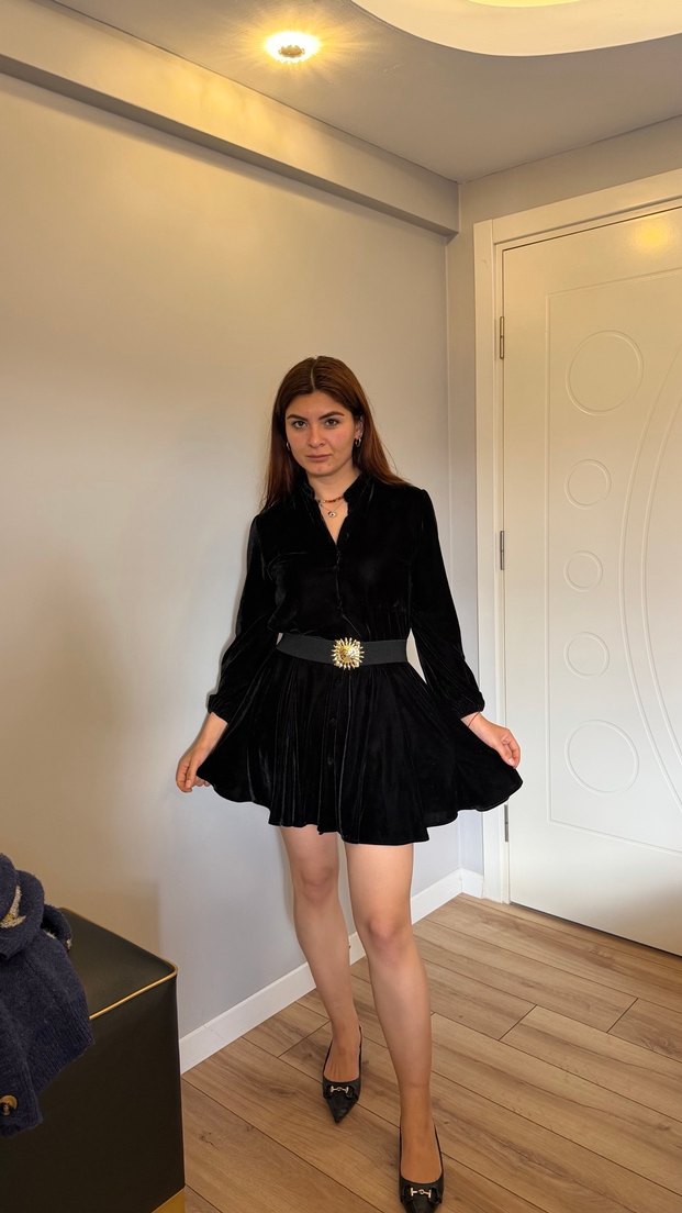 Siyah Süet Kemerli Uzun Kollu Midi Elbise - Görsel 3