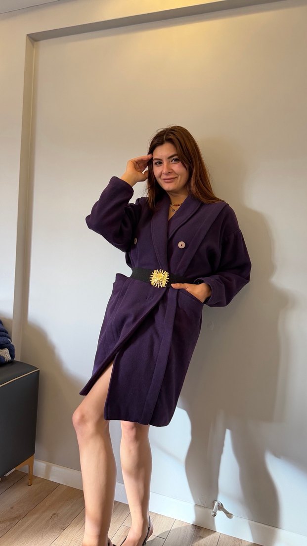 Mor Süet Midi Kadın kaban vintage - Görsel 3