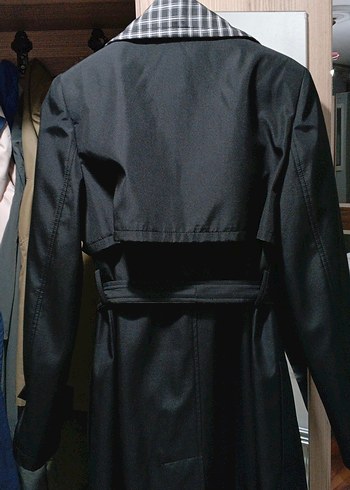 Kemerli Siyah Ekoseli Uzun Kadın Trençkot - Görsel 5