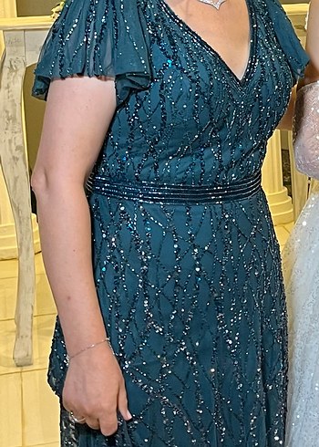 Boncuk İşlemeli Turkuaz Uzun Abiye Elbise - Görsel 2