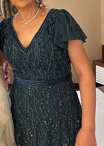 Boncuk İşlemeli Turkuaz Uzun Abiye Elbise - Görsel 4