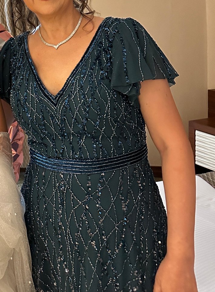 Boncuk İşlemeli Turkuaz Uzun Abiye Elbise - Görsel 4