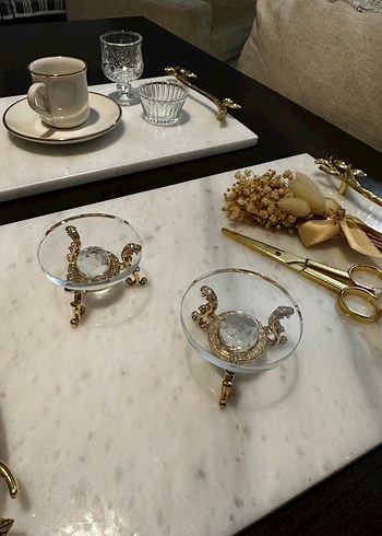 Altın Detaylı Modern mermer Beyaz isteme nişan Tepsisi - Görsel 3