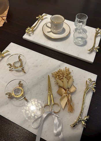 Altın Detaylı Modern mermer Beyaz isteme nişan Tepsisi - Görsel 2