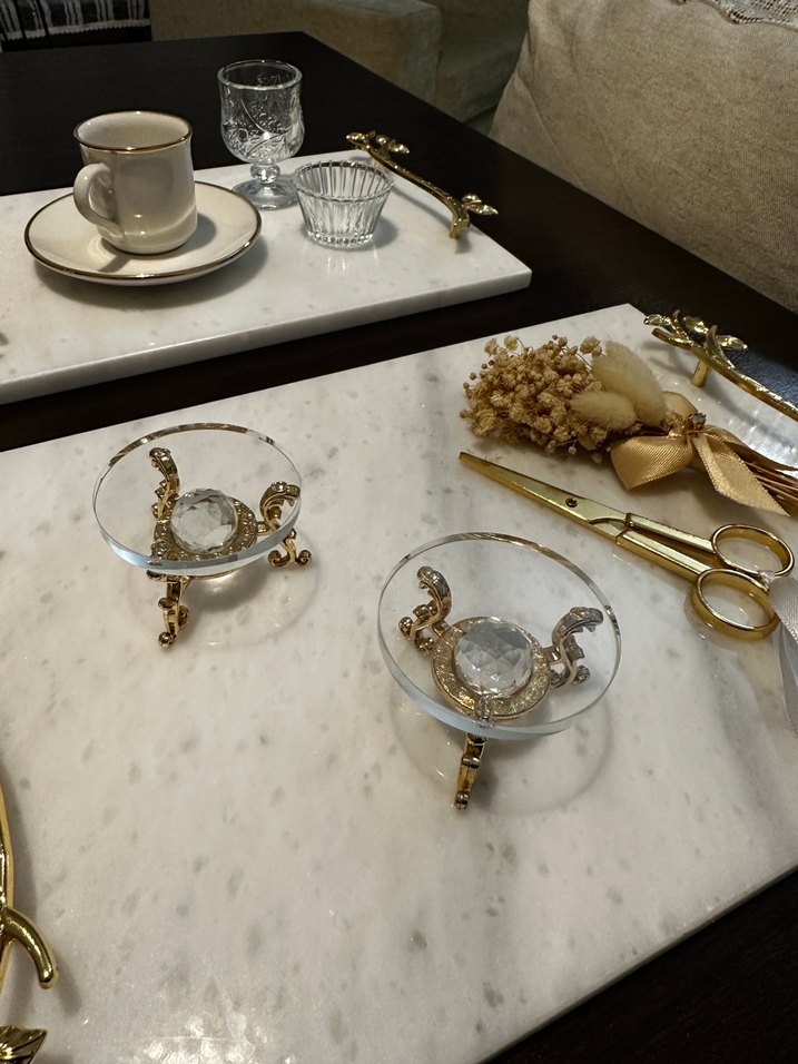 Altın Detaylı Modern mermer Beyaz isteme nişan Tepsisi - Görsel 3