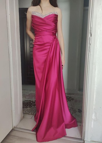 Parlak Pembe Straplez Drapeli Abiye Elbise - Görsel 5