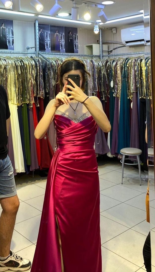 Parlak Pembe Straplez Drapeli Abiye Elbise - Görsel 2