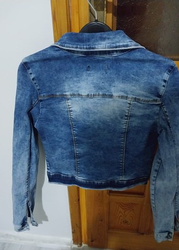 LİKRALI. Düğmeli Mavi Kadın Denim Ceket - Görsel 3