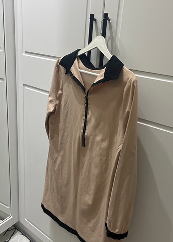 l Beden camel Renk Bej Siyah Yakalı Uzun Kollu Midi Tunik