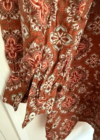 Bohem kahverengi keten gömlek elbise - Görsel 3