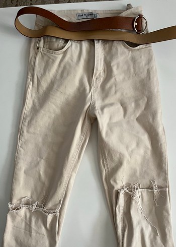 Bej Düğmeli Kadın Kot Pantolon - Görsel 3